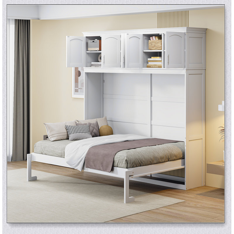 Murphy Bed Wall Bed With Top Cabinets, Full, White