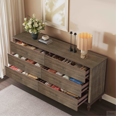 Commode double à 6 tiroirs en bois pour la chambre à coucher, coffre de rangement en bois brûlé brun foncé avec glissières à fermeture automatique, poignées en cuivre métallique, pieds en colonne romaine en bois massif, ensemble anti-basculement inclus