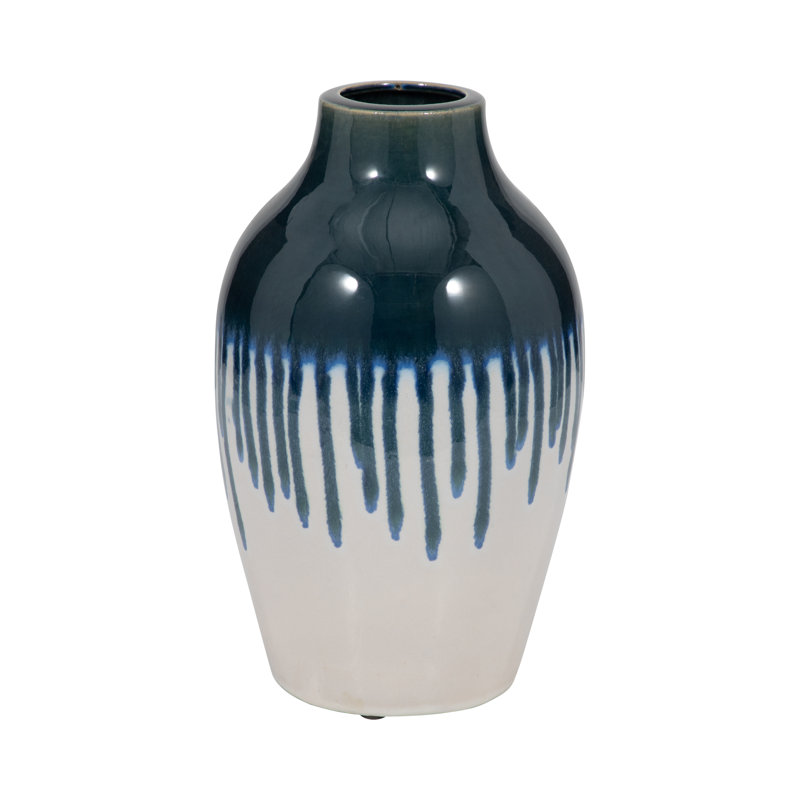Clay Drip Vase in Blue and White - Decorative Vase, Home Accent and Floral Arrangements, 13" H x 8" W x 8" D