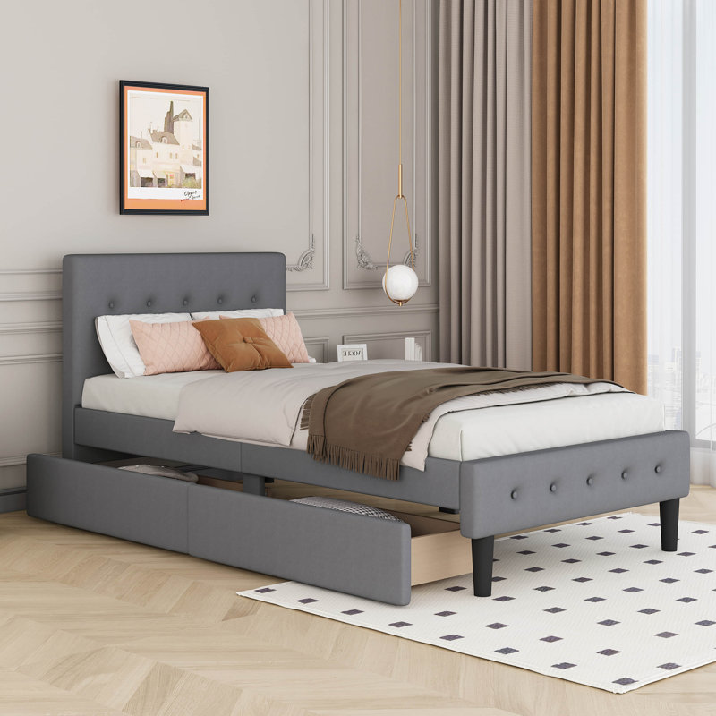 Lit plateforme tapissier simple capitonné Buchman, Gris