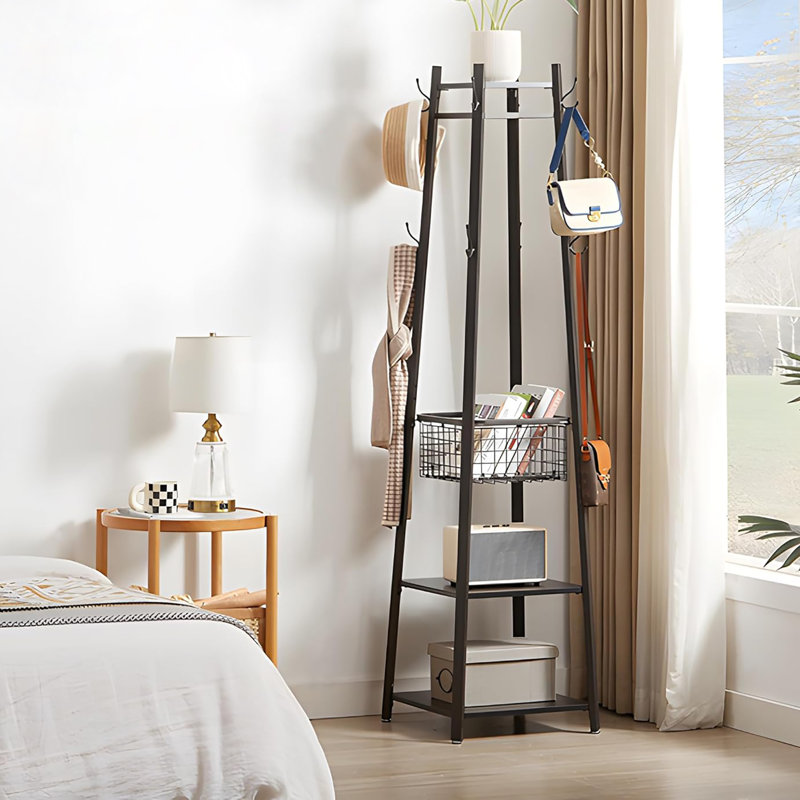 Industrial Style Freestanding Coat Rack: Hall Tree with Storage Shelves, Metal Basket & 8 Hooks, Matte Black