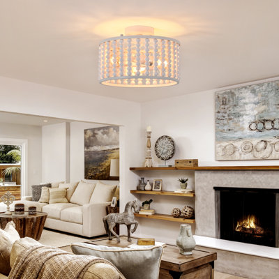 Boho Wood Bead Flush Mount Ceiling Light, 13" Diameter, white, 3-light E26