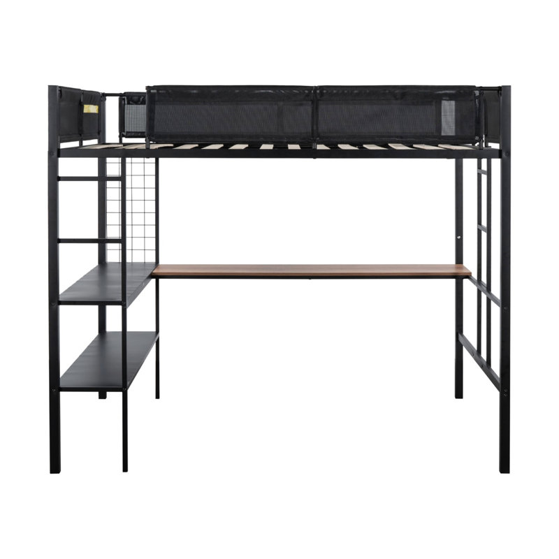 Lit mezzanine double en métal avec bureau et tablettes