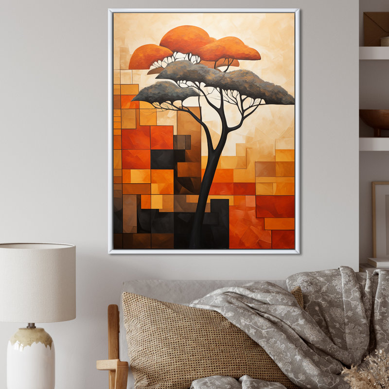 Cubist African Tree Landscape 1 - Art mural africain, H 32 po x l 16 po x P 1 po, Cadre flottant blanc