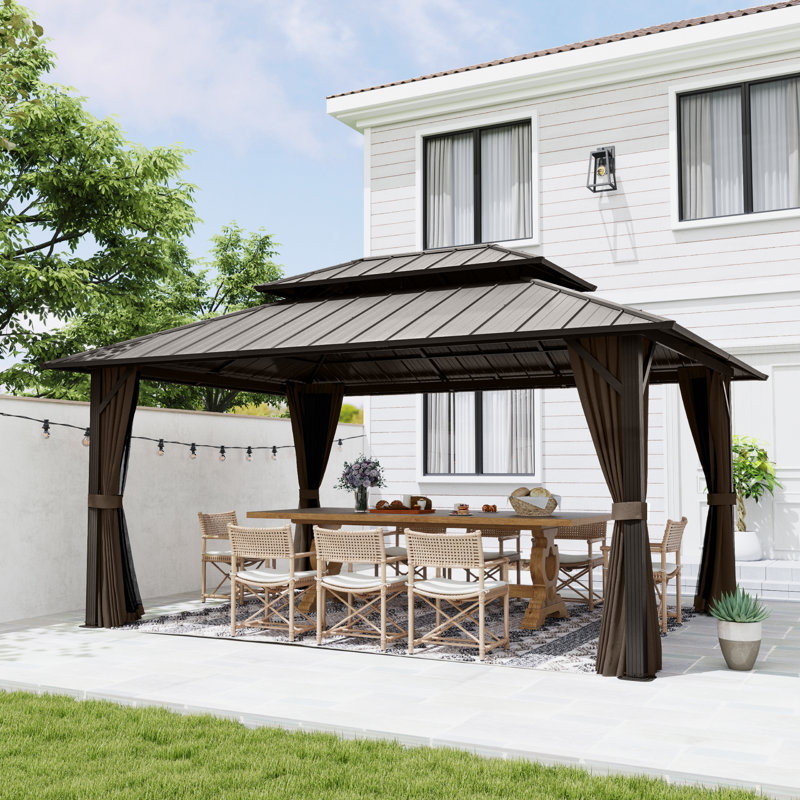Double Roof Hardtop Metal Patio Gazebo with Curtains and Netting, Brown, Brown, 77.2"H x 168"W x 122.4"D