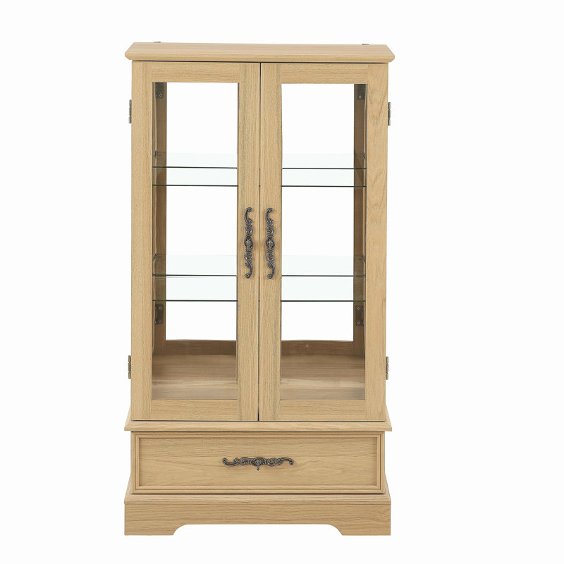 Glass Cabinet Lighted Glass Cabinet Curio Display Cabinet with Adjustable Glass Shelves 2 Doors and 1 drawer Cabinet Bulb Included OAK