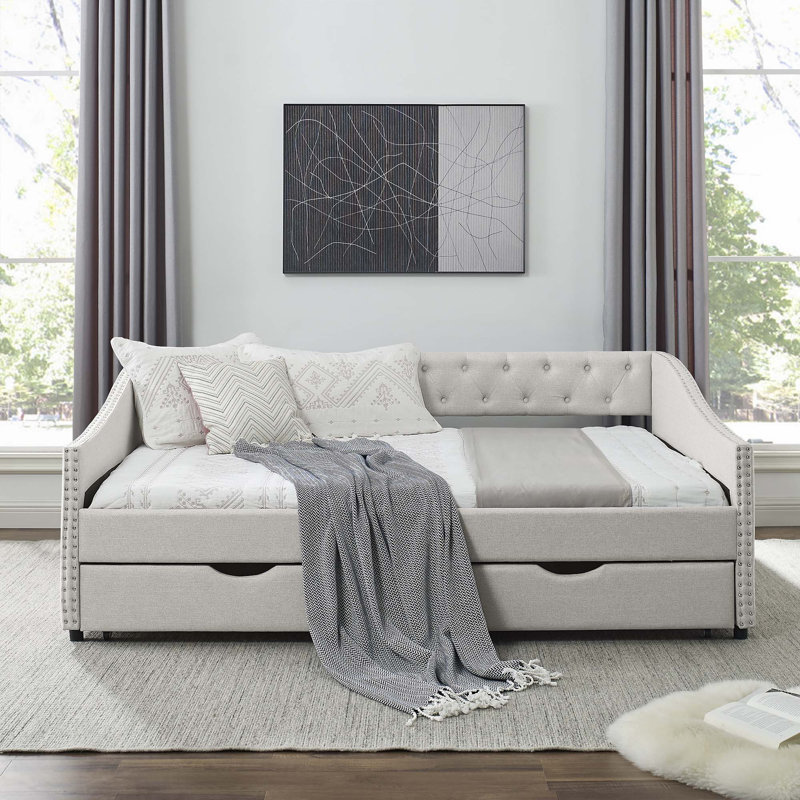 Odile Jolivue Tufted Bed, Upholstered Storage Platform Bed,Daybed with Drawers Upholstered Tufted Sofa Bed, Beige
