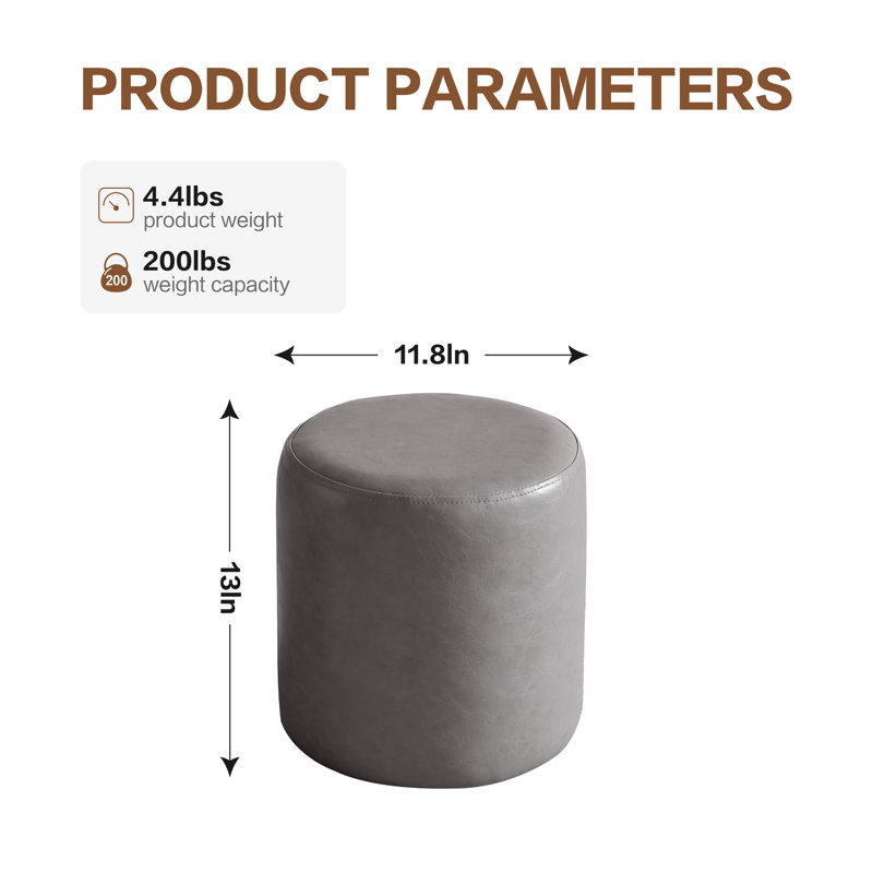 11.8? Small Round Faux Leather Upholstered Ottoman, Light Gray