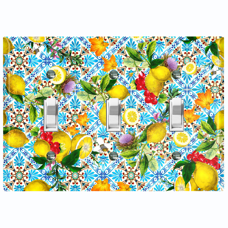 Elegant Teal Fruit Flowers Tile Food & Beverage 3 - Gang Toggle Light Switch Standard Wall Plate