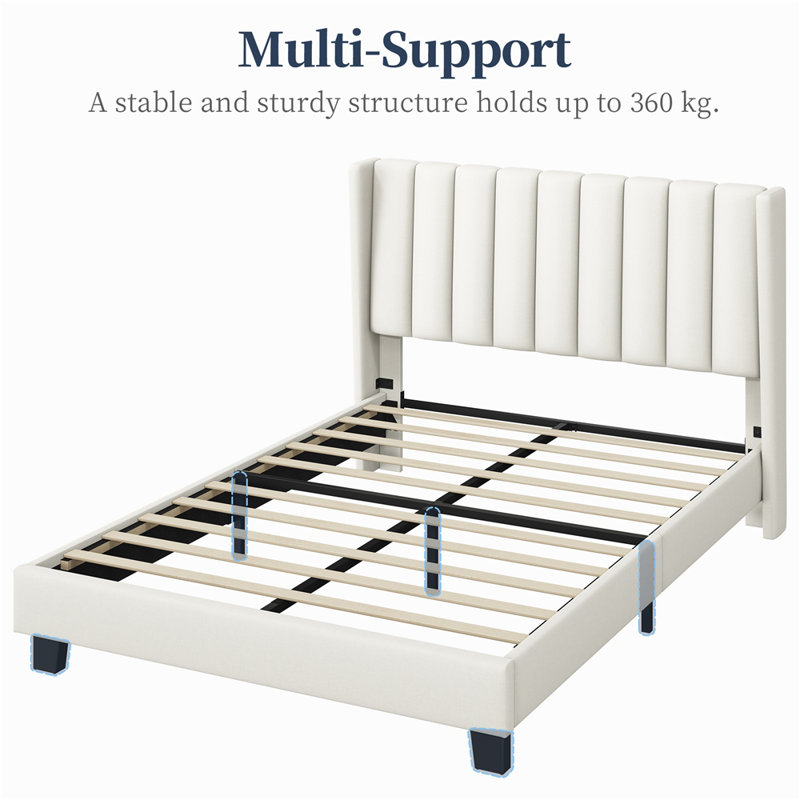 Upholstered Bed Frame with Channel Tufted Headboard, Double (4'6), Beige