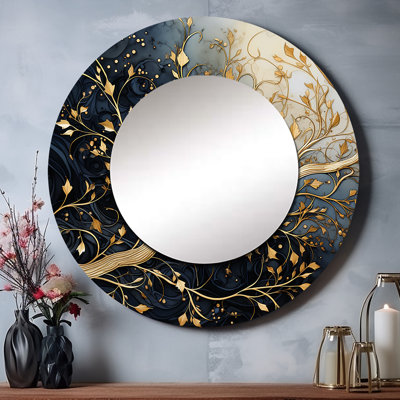 Miroir mural floral gris pâle et bleu pâle, motif arbre à branches dorées et feuilles lumineuses, style moderne, en métal imprimé.
