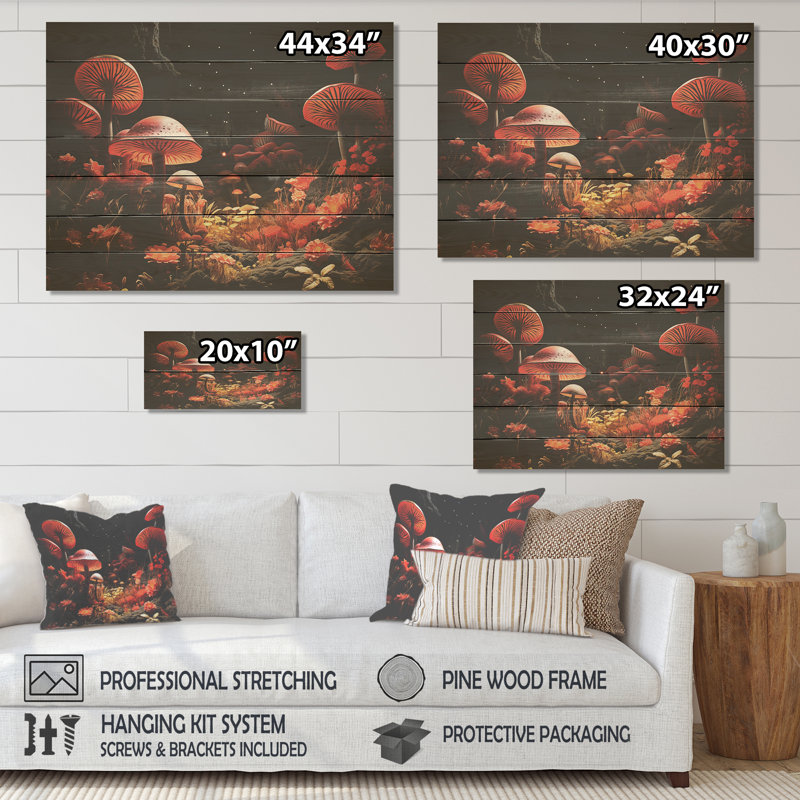«Red Enchanted Mushroom Botanicals Garden» - botaniques sur bois, H 30 po x l 40 po