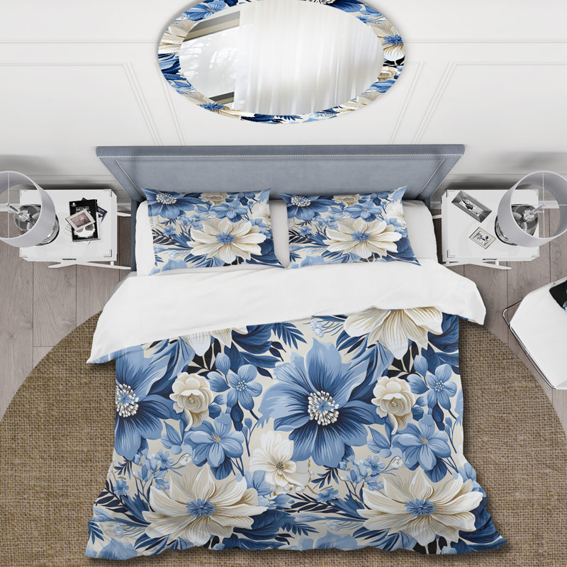 Ensemble de housse de couette Boho White Blue Hibiscus Flowers III - Floral, Housse de couette pour très grand lit et 2 très