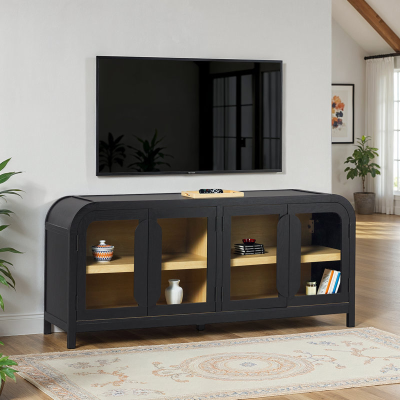 Meuble télé moderne incurvé avec portes en verre, 64 pouces, Noir