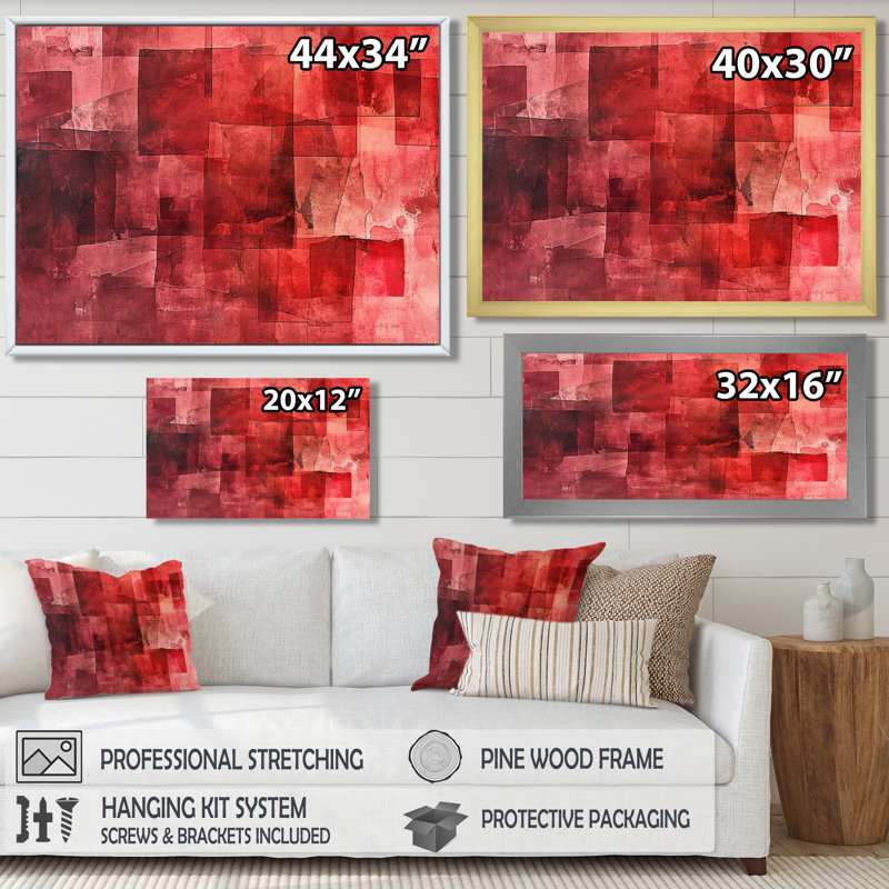 Cubist Red Secrets - Abstract Collages, art mural, H 12 po x l 20 po x P 1 po, Toile avec cadre flottant noir