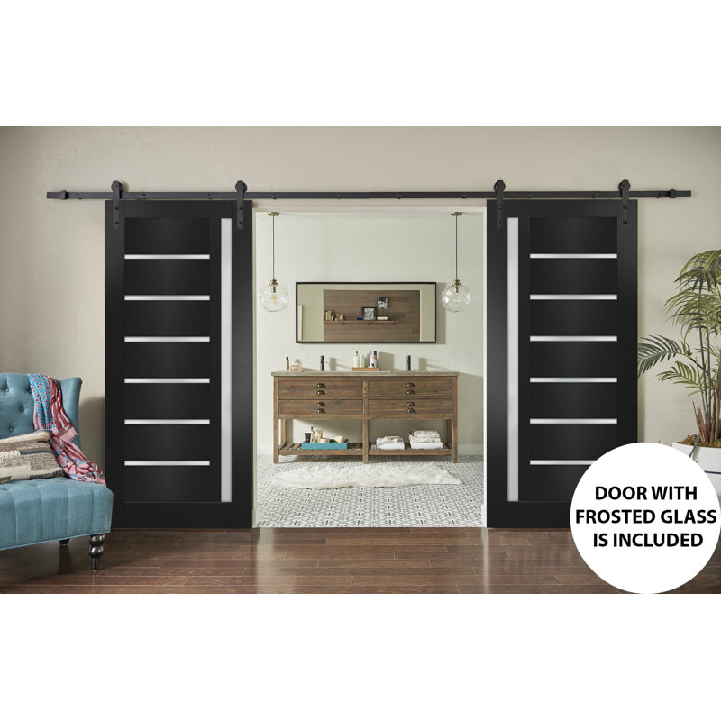Porte de grange double robuste avec rails Quadro 4088 noir mat et verre dépoli, supports de rail de 4 m (13 pi), portes intérieures à panneaux pleins et lourds - 122 cm x 244 cm (48 po x 96 po) (2 x 61 cm x 264 cm (2 x 24 po x 96 po)) - Rail noir
