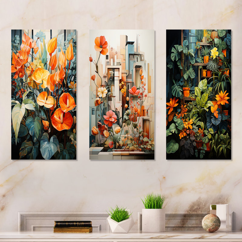Cubist Horticultural Garden - Flowers Metal Prints Set Of 3, 32" H x 48" W