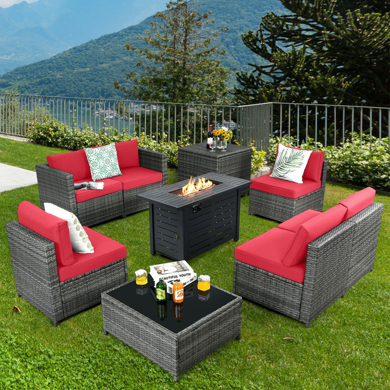 Wicker/Rattan 6 - Person Seating Group with Cushions & 60,000 BTU Fire Pit, Red
