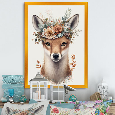 Mignon bébé renard avec couronne florale IV - animaux, art mural sur toile