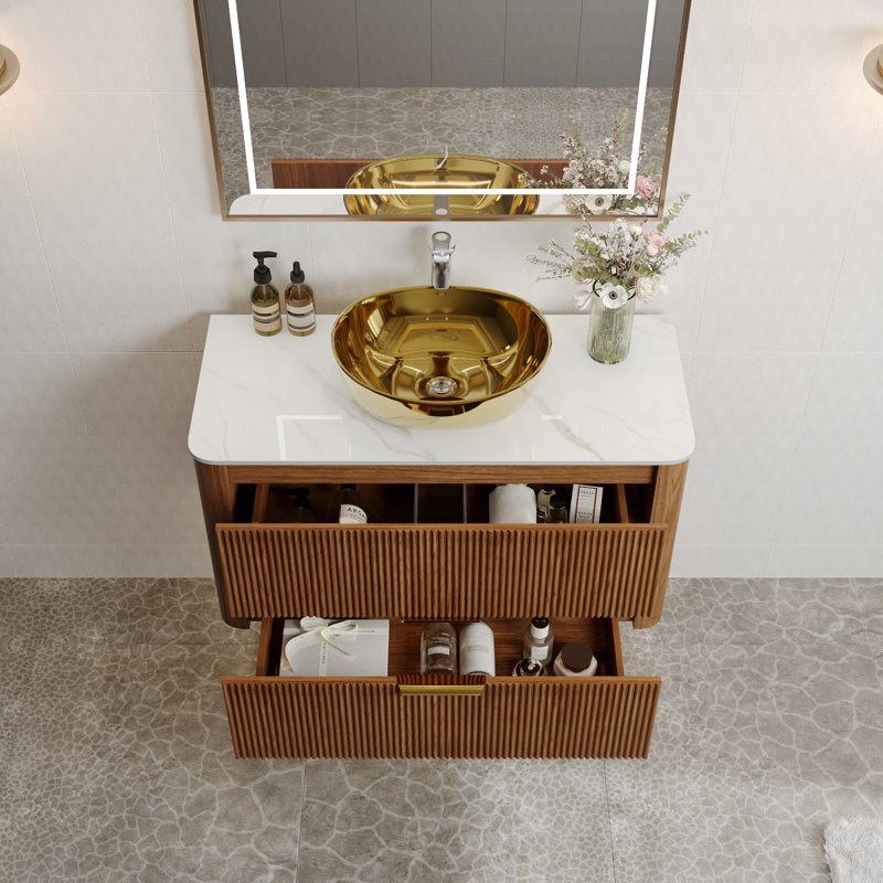 Meuble-lavabo flottant 36 po avec lavabo en céramique doré et tiroirs, brun foncé 36 po
