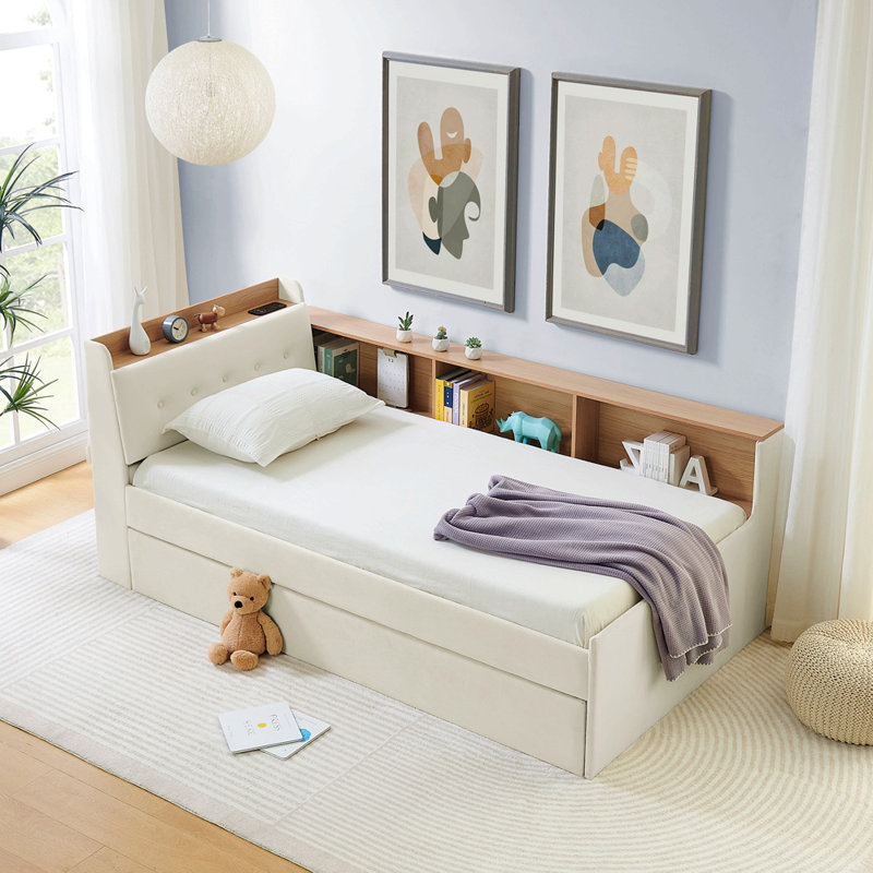 Twin Size Upholstery Velvet Height Adjustable Day Bed With Storage Headboard And Wireless Charging, Multi-Functional Daybed With Trundle Bed & Led Lights