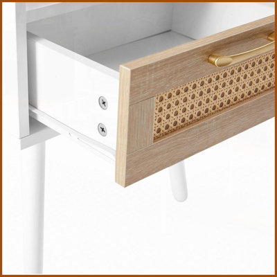 Table basse en rotin blanc avec pieds en bois massif Tiroir pour le salon, facile à nettoyer et amp; Robuste