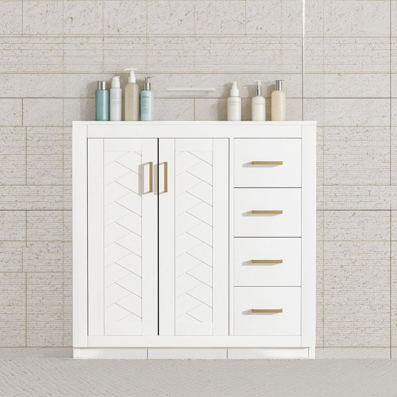 Meuble-lavabo de 36 pouces avec lavabo en céramique: armoire de rangement en bois massif, ensemble autoportant avec 3 tiroirs et porte à fermeture en douceur