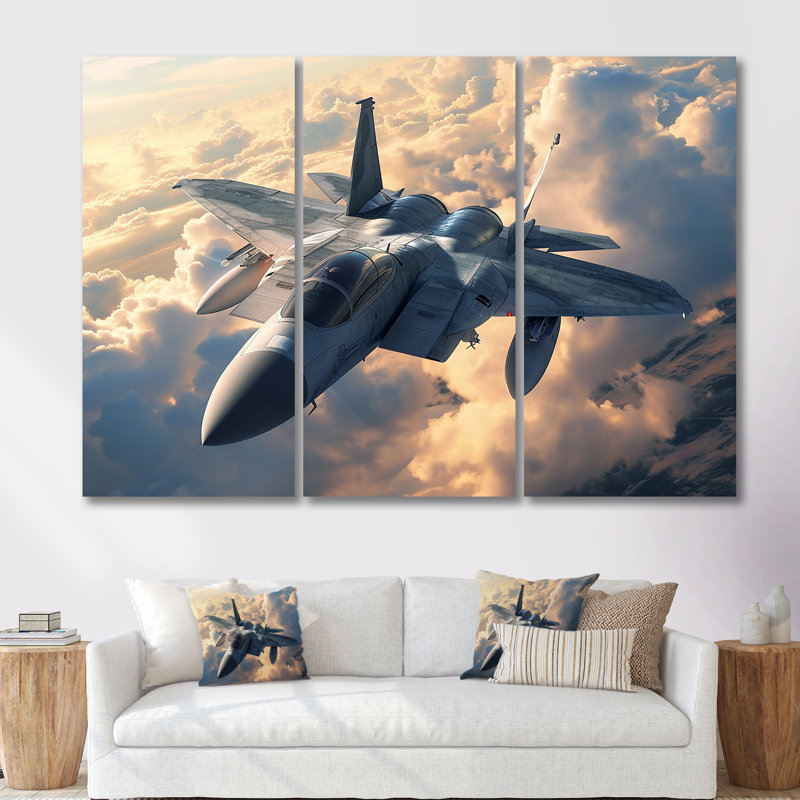 Avion de chasse en action au-dessus des nuages - ensemble de salon d'art mural, Toile tendue, H 28 po x l 36 po x P 1 po