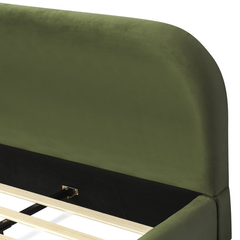 Boucle Upholstered Platform Bed Frame With Curved Headboard, Sturdy Wood Slat Support, Green, Queen
