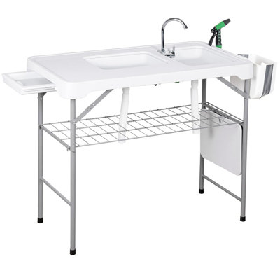 Table pliante de nettoyage pour poissons avec 2 éviers pliables, table d'évier de camping portable 42,3 po avec robinet pliable, tuyau de drainage, pulvérisateur, boîte de rangement et rainures, station de filet extérieure pour pique-nique