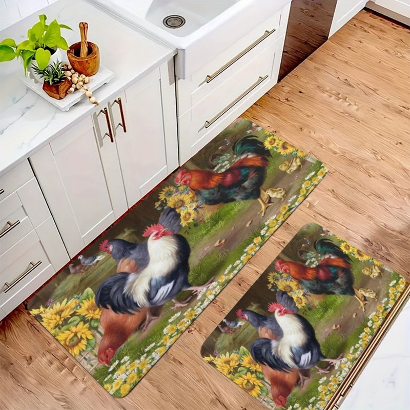 Multicolore vert, ensemble de 2 tapis de cuisine à imprimé coq rétro pour cuisine et décor de ferme