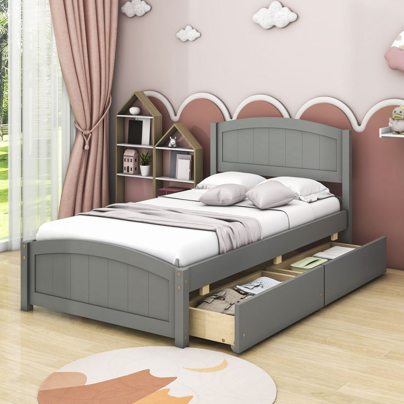 Lit plateforme simple en bois avec deux tiroirs, gris
