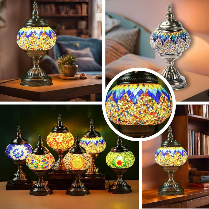 Turkish Moroccan Mosaic Table Lamp, Handmade Glass Bedside Night Light, Metal Base, Decorative Lantern for Bedroom, Living Room - Bulb Included
