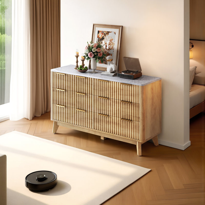 Commode 6 tiroirs Gerius, cannelée, jaune, Jaune