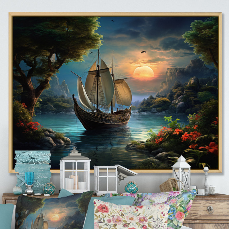 Bateau des eaux magiques III - impression, Cadre naturel flottant, H 30 po x l 40 po x P 1,5 po