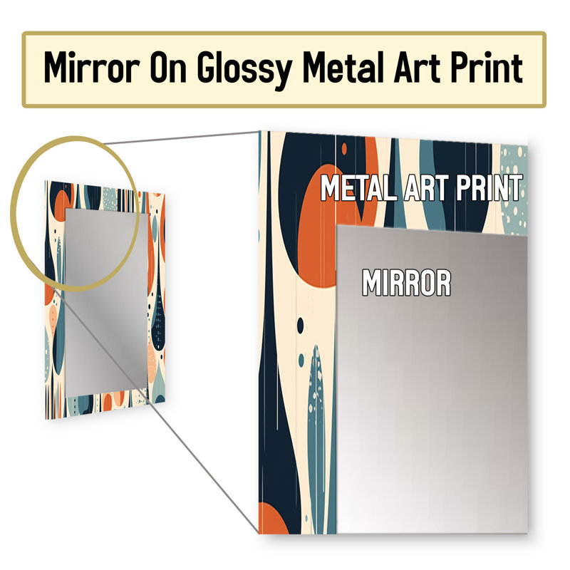 Orange orange Midcentury Balance II - formes abstraites, miroir mural, miroir orange, impression sur métal, 32 po x 24 po