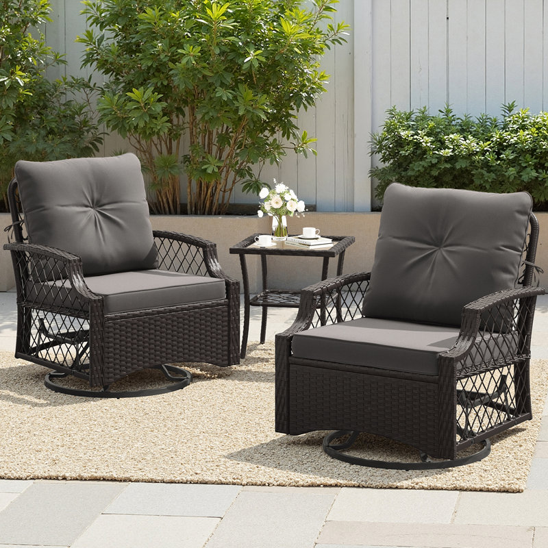 Ensemble de mobilier de patio 3 pièces, ensemble bistro d'extérieur en osier avec chaises pivotantes et table d'appoint
