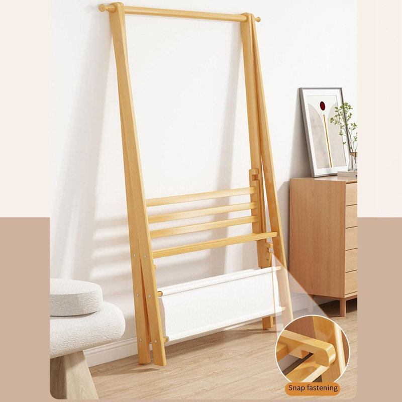 Portant à vêtements en bois avec tablettes à 2 niveaux et sac Finzel, Nature