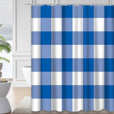 Blue Plaid Food Checkered White Shower Curtain with 12 Hooks