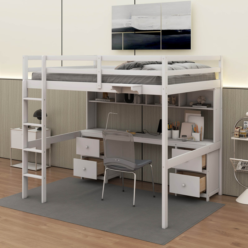 Lit mezzanine double avec bureau, tiroirs et station de charge