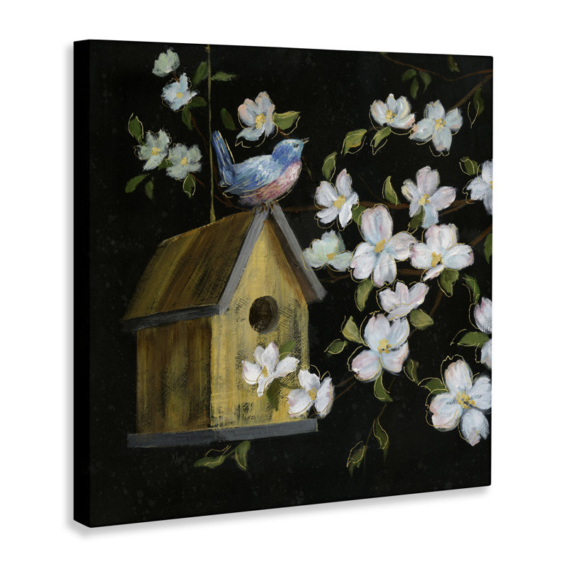 «Night Song Birdhouse» sur toile noire, design par Nan, H 17 po x l 17 po