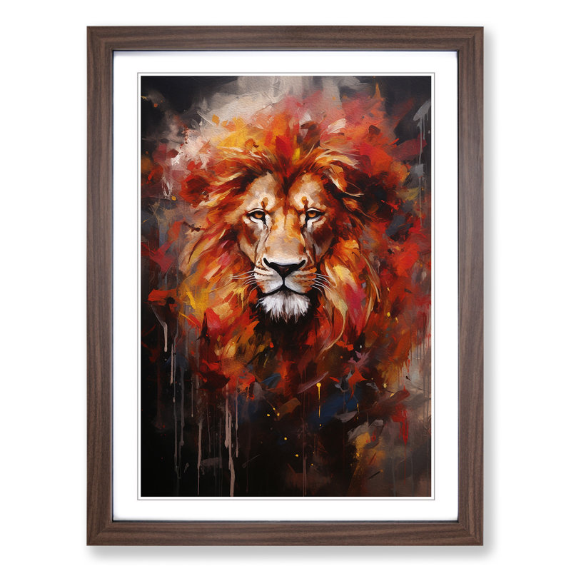 Lion Modern No.3 - Single Picture Frame Print on Wood, Walnut Framed, 46cm H x 34cm W x 2cm D