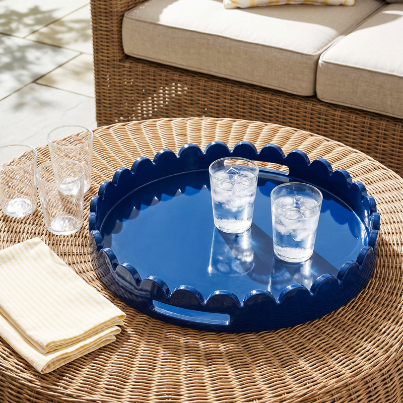 Effa Hand-Crafted Round Scalloped Wood Tray, Blue