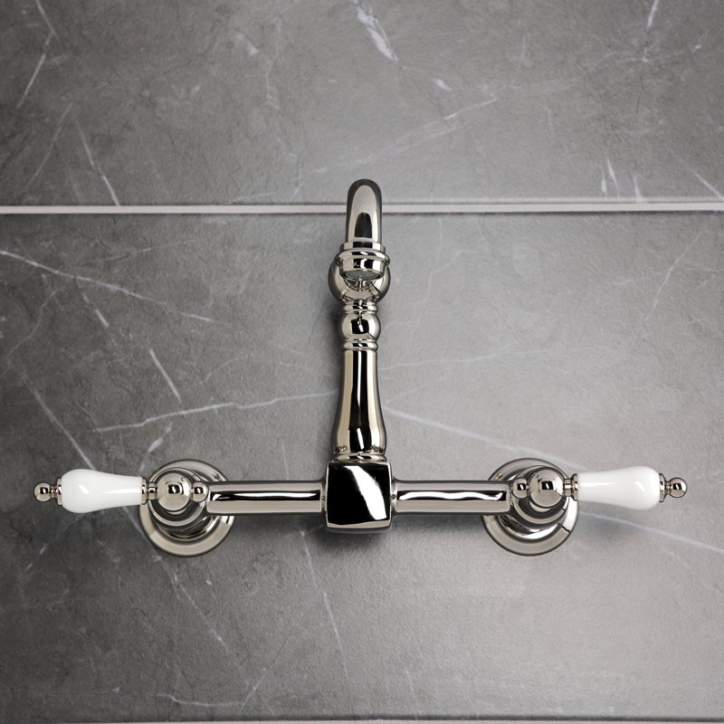 Kingston Brass Heritage Double-Handle 2-Hole Wall-Mount Bridge Kitchen Faucet, Nickel