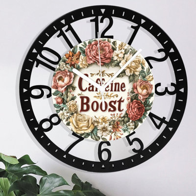 Metal Wall Clock for Living Room -10" Caffeine Boost Floral Wreath Silent Non Ticking,Battery Operated, Antique Clocks for Farmhouse,Bedroom,Kitchen - Arabic Numerals