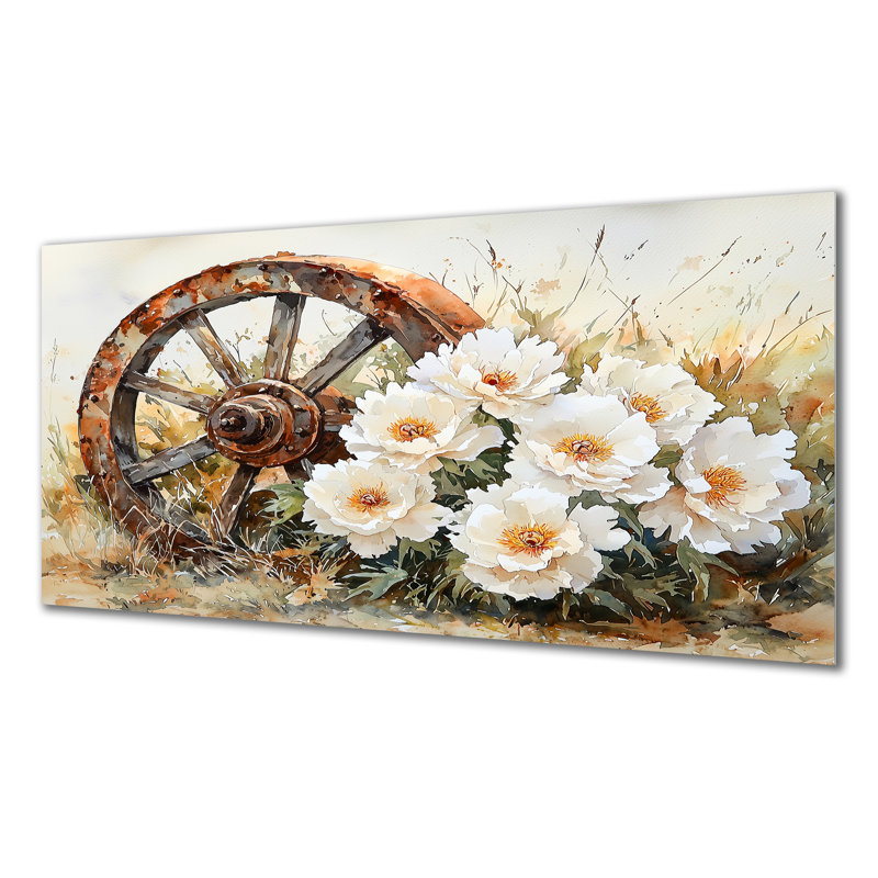 Pivoines par la roue de chariot I - reproduction d'art traditionnelle en métal, pivoines, décoration murale en métal