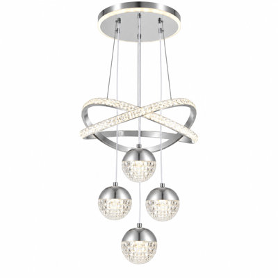 Lustre moderne chromé de 40 cm (15,7 po) avec éclairage DEL intégré à 4 globes, 3 couleurs et hauteur réglable.