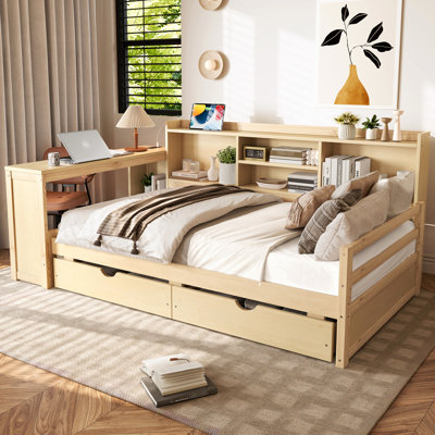 Lit de jour simple en bois naturel avec bureau, bibliothèque et port de recharge pour le coin de la chambre à coucher dans les tiroirs de rangement, confort