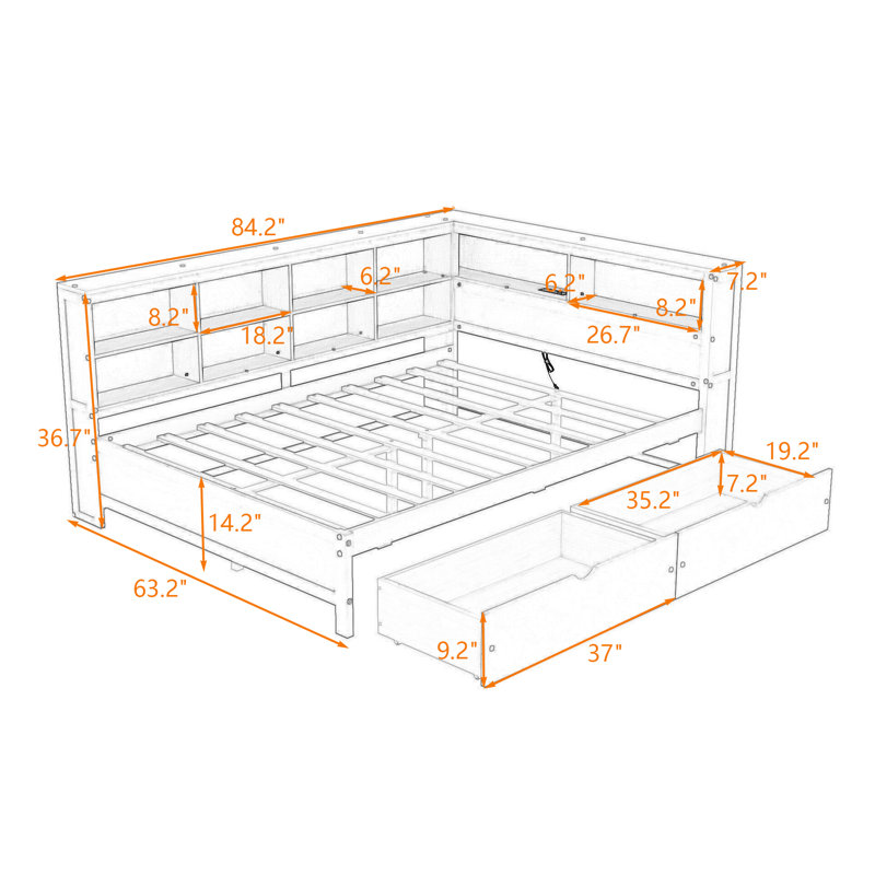 Broadview Wooden DayBed with 2 Drawers and Storage and USB, White