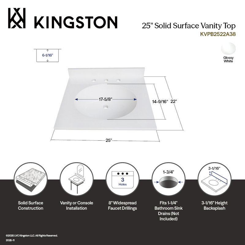 Dessus de meuble-lavabo à surface solide 25 po Kingston KVPB2522A38 Wimbeldon, blanc brillant Kingston
